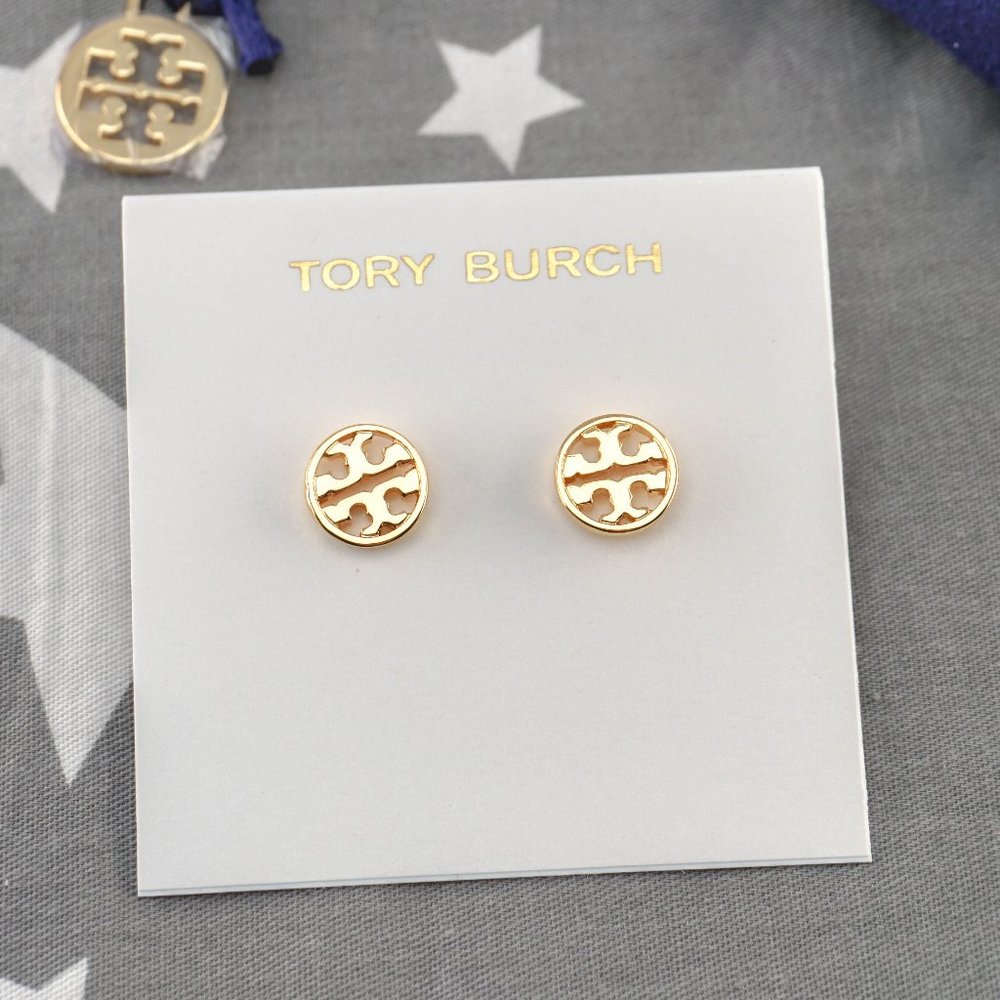 Tory Burch Gold Logo Stud Earrings - Picture 3 of 5